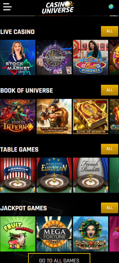 Universe casino game types mobile review