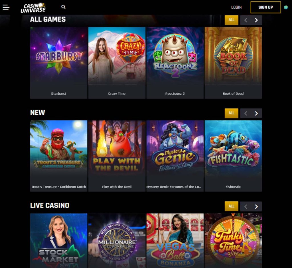 Universe casino home page review