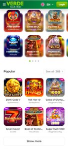Verde Casino game types mobile review