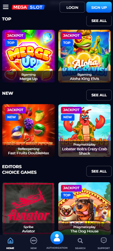 Megaslot Casino game types mobile review