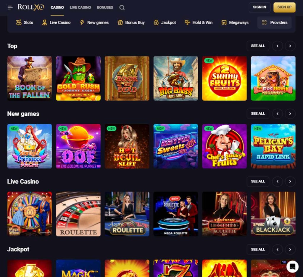 Rollxo Casino home page review