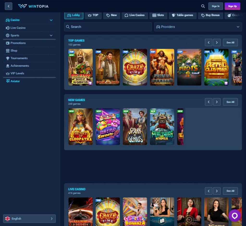 Wintopia Casino home page review