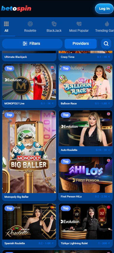 BetOspin Casino mobile slot section screenshot showing popular games like PingPong Panda, Sweet Bonanza, Gates of Olympus, among others - tested