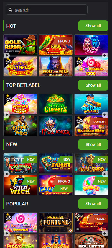 Betlabel Casino mobile slots section screenshot showing hot, top Betlabel, new and popular categories - tested Betlabel Casino mobile slots section screenshot showing hot, top Betlabel, new and popular categories - tested