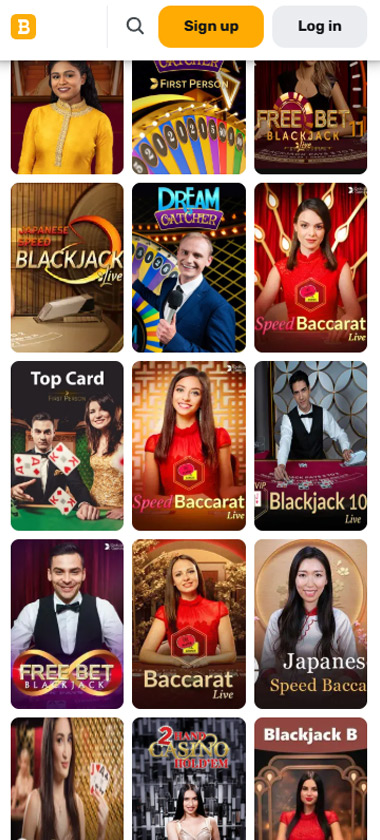 Bulletz Casino mobile live casino section screenshot showing different live games, like Sic Bo, Blackjack, Roulette and Speed Baccarat - tested