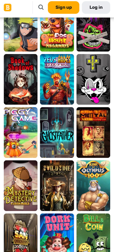Bulletz Casino desktop slots section screenshot showing popular slots like Rise of Olympus 100, Piggy Game and The Dog House - tested