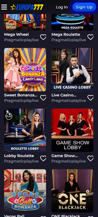 Europa777 Casino mobile live casino games section screenshot showing live games Lobby Roulette, Sweet Bonanza and One Blackjack - tested