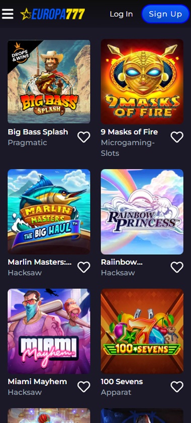 Europa777 Casino mobile slots section screenshot showing slots games from diverse providers like Pragmatic Play, Hacksaw and Apparat - tested