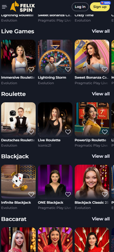 Felixspin Casino mobile live casino games section screenshot showing different live casino sections like Live Games, Roulette, Blackjack and Baccarat - tested
