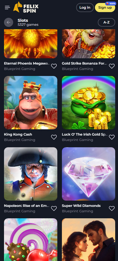 Felixspin Casino mobile slots section screenshot showing slots from Blueprint Gaming, like King Kong Cash, Napoleon: Rise of an Emperor and Super Wild Diamonds - tested