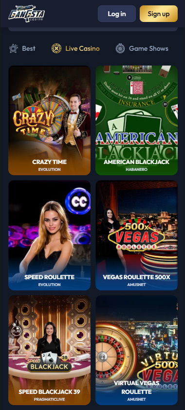 Gangsta Casino mobile live casino screenshot showing Crazy Time, American Blackjack, Speed Roulette and Vegas Roulette 500x - tested