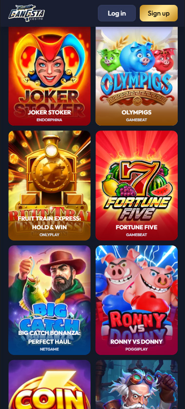 Gangsta Casino mobile slots screenshot showing Joker Stoker, Olympics, Fruit Train Express, Big Catch Bonanza and Coin Storm - tested