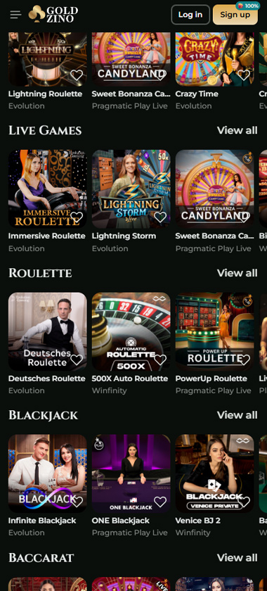 Goldzino Casino mobile screenshot showing live games, roulette, baccarat and blackjack - tested Goldzino Casino mobile screenshot showing live games, roulette, baccarat and blackjack - tested