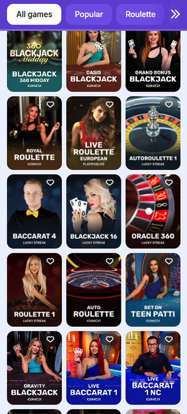 Goodman Casino mobile live casino screenshot showing game thumbnails including Blackjack 360 Midday, Oasis Blackjack, Royal Roulette, Baccarat 4, and Blackjack 16 with category tabs - tested