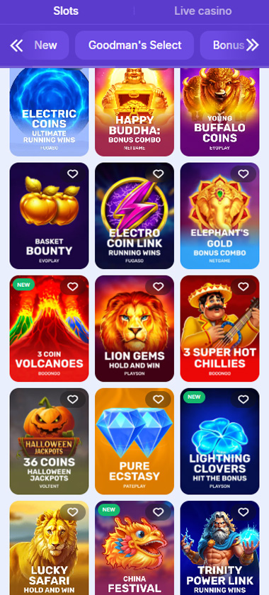 Goodman Casino desktop jackpots section screenshot showing slot game thumbnails including Electric Coins, Happy Buddha Bonus Combo, Young Buffalo Coins, and Basket Bounty with category filters - tested