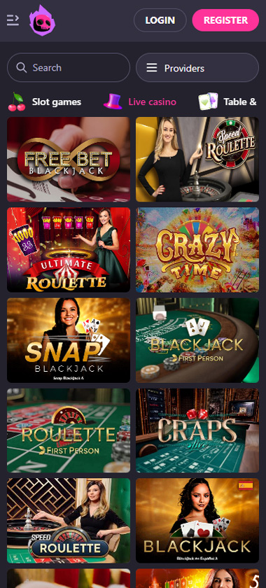 HotLoot mobile live casino screenshot showing Free Bet Blackjack, Speed Roulette, Ultimate Roulette, Crazy Time, Snap Blackjack, First Person Blackjack, First Person Roulette, Craps, and Lightning Roulette games - tested