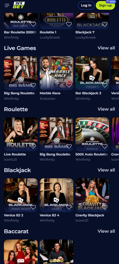 Ivybet mobile live casino screenshot showing roulette, blackjack and baccarat games with Winfinity, LuckyStreak, Evolution and Iconic21 providers - tested Ivybet mobile live casino screenshot showing roulette, blackjack and baccarat games with Winfinity, LuckyStreak, Evolution and Iconic21 providers - tested
