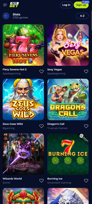 Ivybet mobile slots screenshot showing Fiery Sevens Hot 5, Sexy Vegas, Zeus Goes Wild, Dragon's Call, Wizardz World and Burning Ice games with provider names - tested Ivybet mobile slots screenshot showing Fiery Sevens Hot 5, Sexy Vegas, Zeus Goes Wild, Dragon's Call, Wizardz World and Burning Ice games with provider names - tested