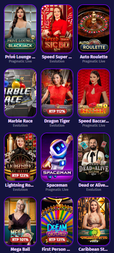 Lollyspins Casino mobile live casino section screenshot showing Evolution and Pragmatic Live games including Privé Lounge Blackjack, Speed Super Sic Bo, Auto Roulette, and RTP percentages - tested