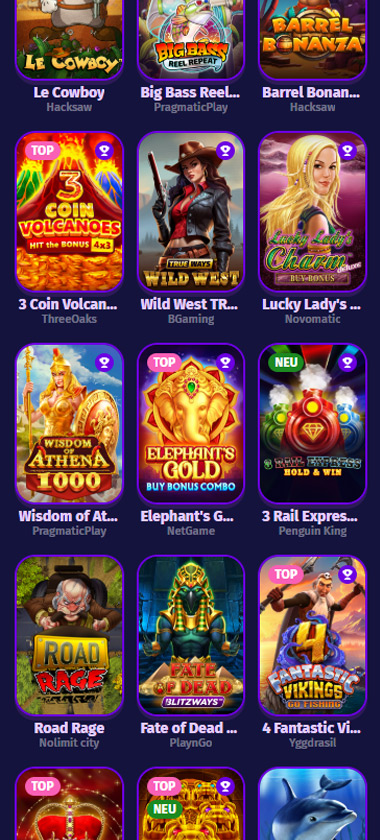 Lollyspins Casino mobile slots section screenshot showing game thumbnails including Le Cowboy, Big Bass Reel Repeat, Barrel Bonanza, 3 Coin Volcanoes, and provider labels - tested