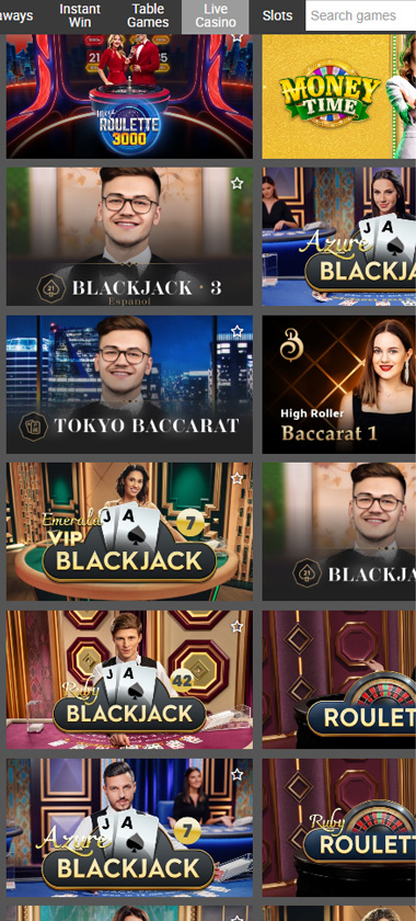 LSbet Casino mobile live casino screenshot showing Roulette 3000, Money Time, and multiple blackjack tables with live dealers - tested