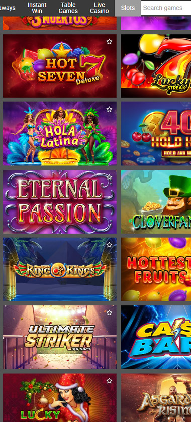 LSbet Casino mobile slots screenshot showing game thumbnails including Hot Seven Deluxe, Hola Latina, and Eternal Passion - tested