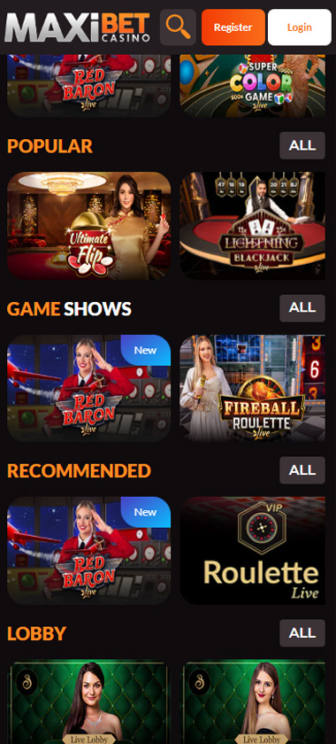 MaxibetCasino mobile live casino screenshot showing Popular games with Ultimate Flip and Lightning Blackjack, Game Shows with Red Baron and Fireball Roulette, Recommended section with VIP Roulette Live, and Lobby with live dealer tables - tested MaxibetCasino mobile live casino screenshot showing Popular games with Ultimate Flip and Lightning Blackjack, Game Shows with Red Baron and Fireball Roulette, Recommended section with VIP Roulette Live, and Lobby with live dealer tables - tested