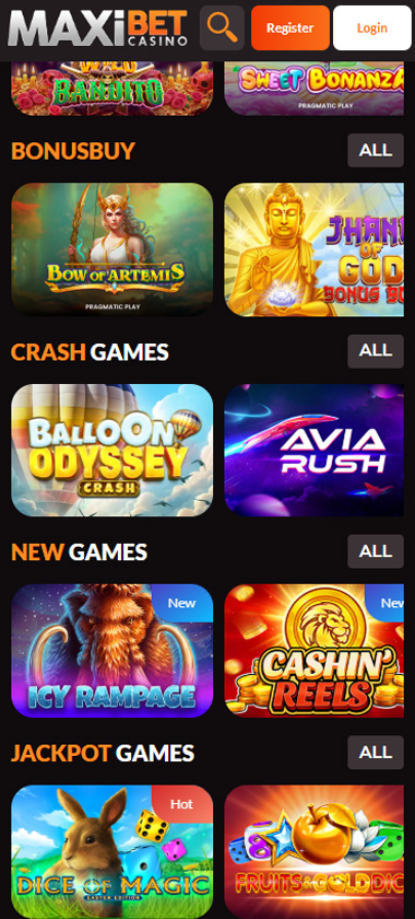 MaxibetCasino mobile slots screenshot showing Bonusbuy section with Bow of Artemis and 3 Genie Wishes, Crash Games with Balloon Odyssey and Avia Rush, New Games with Icy Rampage and Cashin Reels, and Jackpot Games with Dice Magic and Fruits & Gold Dice - tested MaxibetCasino mobile slots screenshot showing Bonusbuy section with Bow of Artemis and 3 Genie Wishes, Crash Games with Balloon Odyssey and Avia Rush, New Games with Icy Rampage and Cashin Reels, and Jackpot Games with Dice Magic and Fruits & Gold Dice - tested