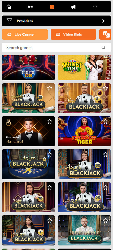 Optimbet Casino mobile live casino screenshot showing live games like baccarat, blackjack and roulette - tested