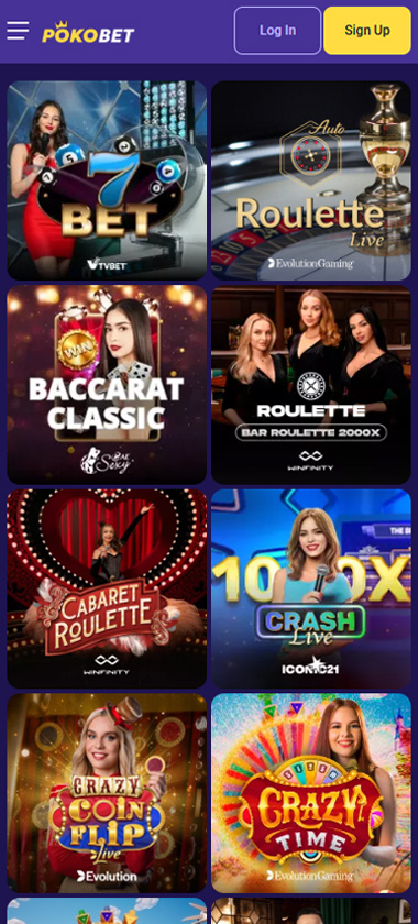 PokoBet mobile live casino screenshot showing Baccarat Classic, Auto Roulette, Bar Roulette 2000X, Cabaret Roulette, 10x Crash, Crazy Coin Flip and Crazy Time games - tested