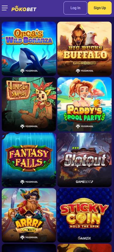 PokoBet mobile slots screenshot showing Opeals Wild Bonanza, Big Bucks Buffalo, Jungle Smash, Paddy's Pool Party, Fantasy Falls, Slotout, Arrr! 10K Ways and Sticky Coin games - tested