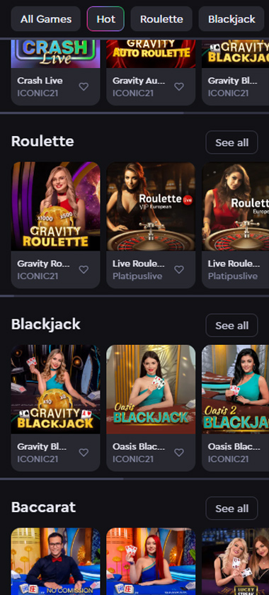 Rockwin Casino mobile live casino screenshot showing categorised game sections including Roulette, Blackjack and Baccarat with ICONIC21 and Platipuslive titles - tested