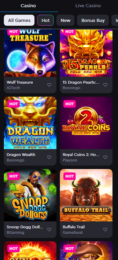 Rockwin Casino mobile slots screenshot showing Hot games section with Wolf Treasure, 15 Dragon Pearls, Dragon Wealth, Royal Coins 2, Snoop Dogg Dollars and Buffalo Trail - tested