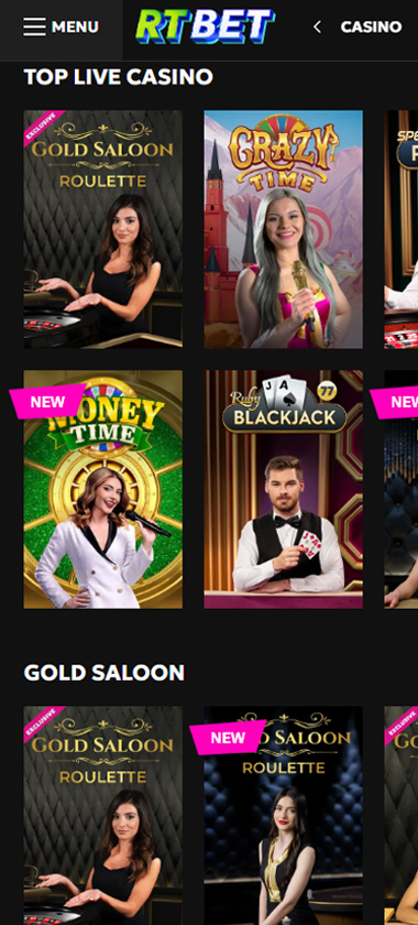 Rtbet Casino mobile live casino section screenshot showing Gold Saloon Roulette, Crazy Time, Money Time, Ruby Blackjack, and Gold Saloon provider categories - tested