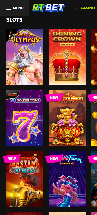 Rtbet Casino mobile slots section screenshot showing Gates of Olympus, Shining Crown, 20 Golden Coins, and Fortune Express game thumbnails with NEW labels - tested
