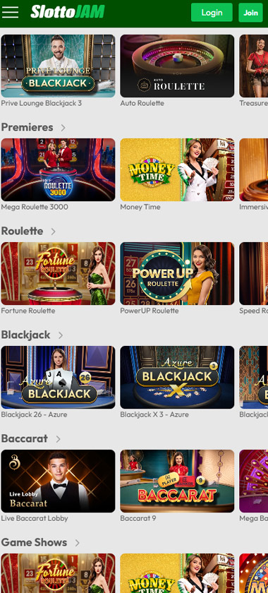 Slottojam Casino mobile live dealer games section screenshot showing live games categories such as premiere, Game shows, roulette, baccarat and blackjack - Tested