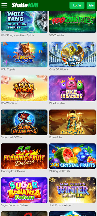 Slottojam Casino mobile slots variety section screenshot showing popular slot games like Dive Invaders, Sugar Bonanza, 100 Zombies & Wild Coyote - Tested