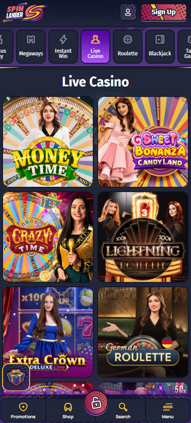Spinlander Casino mobile live casino lobby screenshot showing top live casino games like Money Time, Crazy Time and Lightning Roulette - tested