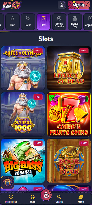 Spinlander Casino mobile slots lobby screenshot showing popular slots games such as Gates of Olympus, Big Bass Bonanza and Book of Dead - tested