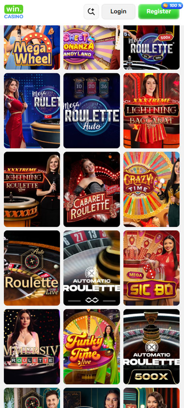 Win Casino mobile live casino screenshot showing game thumbnails with Mega Wheel, Sweet Bonanza Candyland, Mega Roulette, Mega Roulette Auto, XXXtreme Lightning Baccarat, XXXtreme Lightning Roulette, Cabaret Roulette, Crazy Time, Roulette Live, Automatic Roulette, Mega Sic Bo, Mega Ball, Funky Time Live, and Automatic Roulette 500x - tested