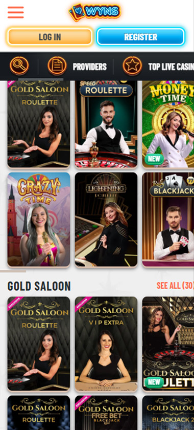 Wyns Casino mobile live casino screenshot showing Gold Saloon Roulette collection with multiple variants and provider filters - tested