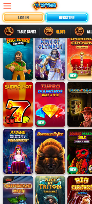Wyns Casino mobile slots lobby screenshot showing navigation menu with Table Games, Slots, and All Games categories plus game thumbnails - tested