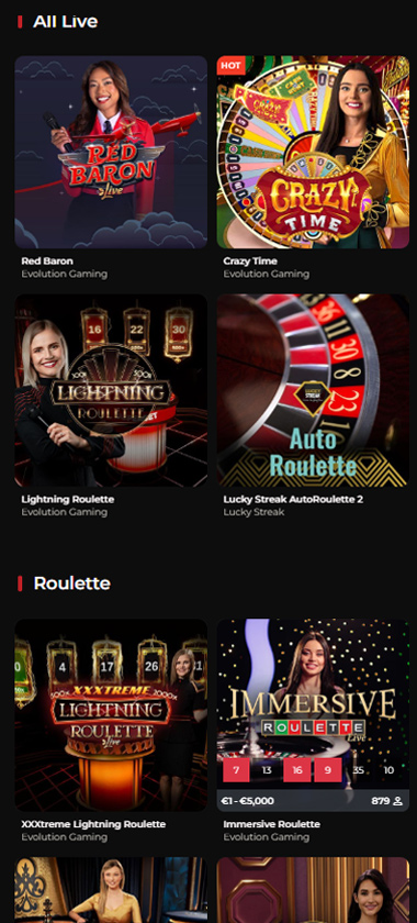 God Of Casino mobile live casino screenshot showing All Live section with Red Baron, Crazy Time, Lightning Roulette, and Roulette category featuring XXXtreme Lightning Roulette and Immersive Roulette - tested