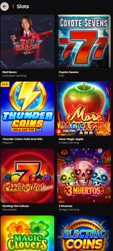 God Of Casino mobile slots section screenshot showing vertical game layout with Red Baron Live, Coyote Sevens, Thunder Coins, and More Magic Apple titles - tested