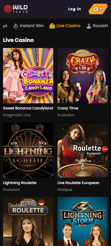Wildtokyo Casino mobile live casino screenshot showing Sweet Bonanza Candyland, Crazy Time, Lightning Roulette and Live Roulette European games - tested
