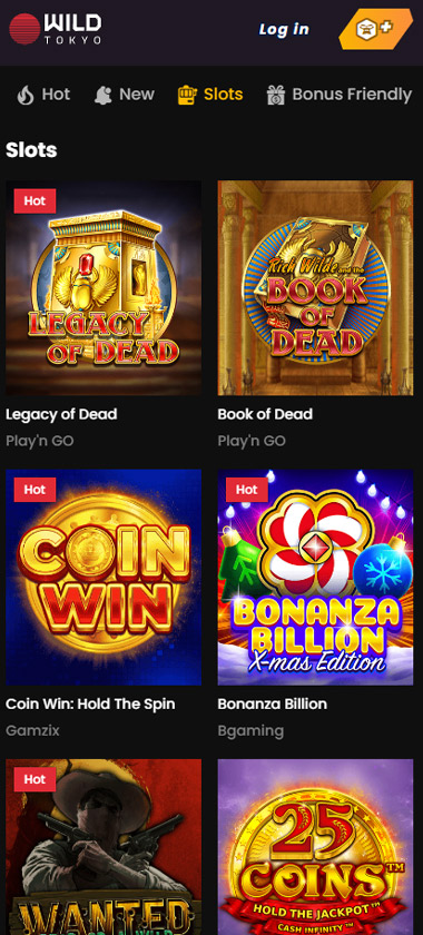 Wildtokyo Casino mobile slots screenshot showing Legacy of Dead, Book of Dead, Coin Win Hold The Spin, Bonanza Billion and Wanted Dead or a Wild games with Hot tags - tested