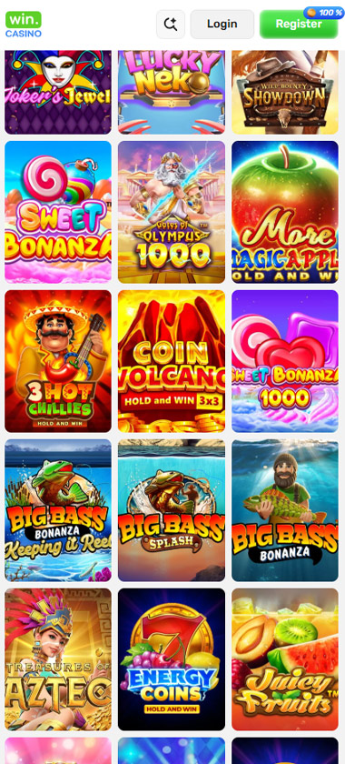 Win Casino mobile slots screenshot showing game grid with Joker Jewel, Lucky Neko, Showdown, Sweet Bonanza, Gates of Olympus 1000, Magic Apple, 3 Hot Chillies, Coin Volcano, Sweet Bonanza 1000, Big Bass series, Treasures of Aztec, Energy Coins, and Juicy Fruits - tested