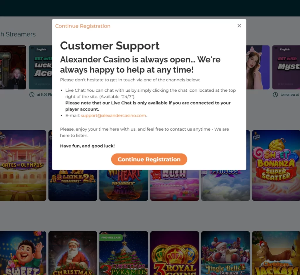 Alexander Casino desktop customer support page screenshot showing support channels, help center, and contact options – tested