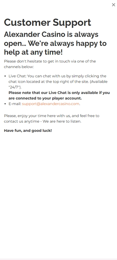 Alexander Casino mobile customer support page screenshot displaying help options, live chat, and FAQ access – tested