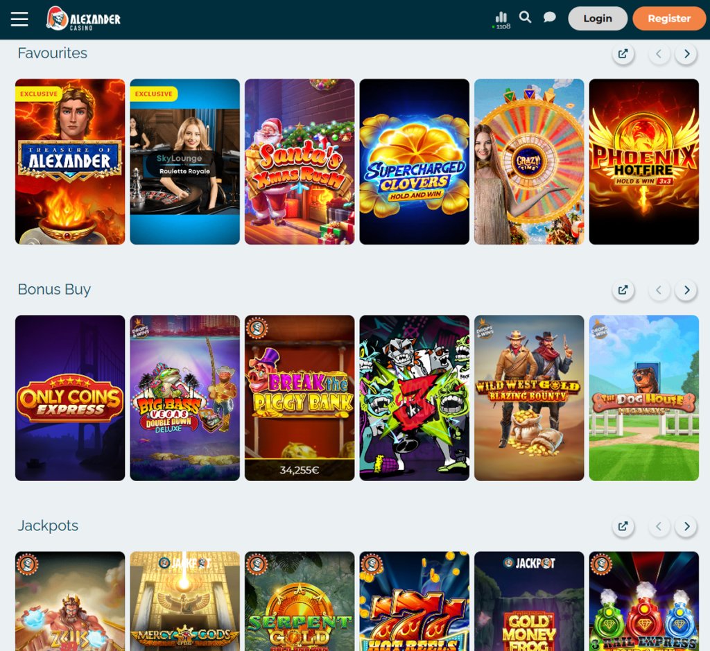 Alexander Casino desktop game selection screenshot showing featured games, categories, and full lobby layout – tested